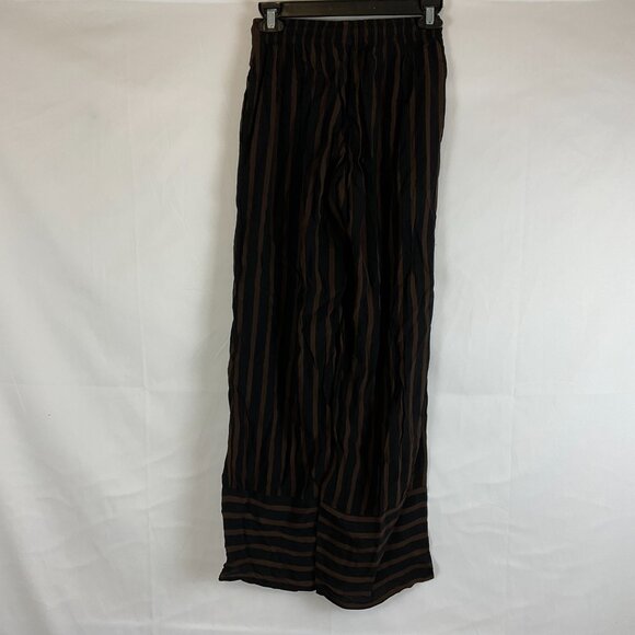 Faithfull The Brand Pants 4 Black Brown Striped Elastic Tie Waist Pockets - Picture 6 of 10